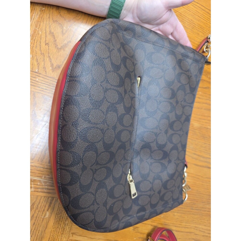 Coach F39527 Elle Hobo Shoulder Brown Signature Coated Canvas Red Leather - Picture 2 of 15